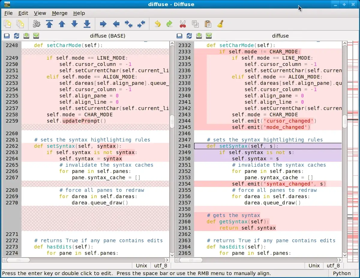 Screenshot of Diffuse tool showing side-by-side Python code comparison with syntax highlighting in Linux.