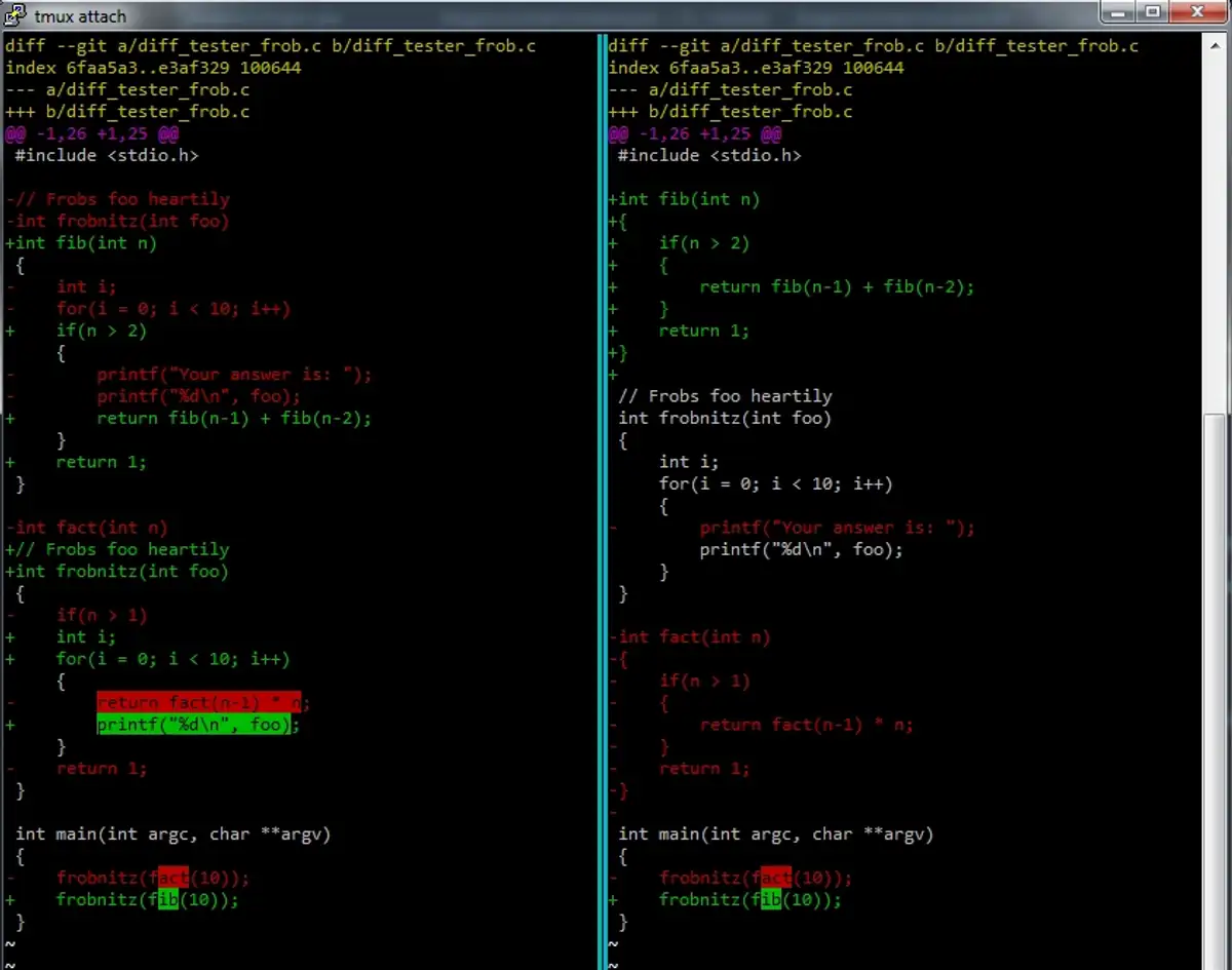 Side-by-side git diff output showing changes in C code for Fibonacci and factorial functions with additions in green and deletions in red.